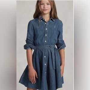 Ralph Lauren Girls Belted Cotton Denim Shirt Dress Fit Flare Blue Sz 10 Western